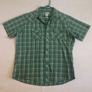 Wrangler Wrancher Shirt Short Sleeve Pearl Snap XXL Green Blue Plaid Western